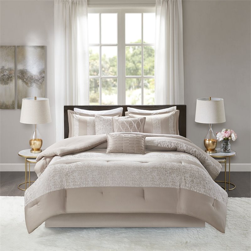 Madison Park Ava 7-Piece Polyester Chenille Pieced Comforter Set in Beige