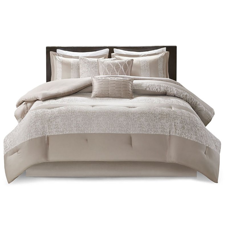 Madison Park Ava 7-Piece Polyester Chenille Pieced Comforter Set in Beige