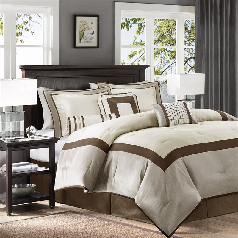 Madison Park Genevieve 7-Piece Polyester Solid Comforter Set in Beige