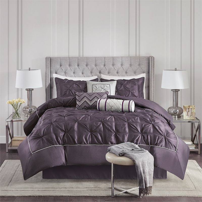madison park laurel 7-piece polyester polyoni set with pleats in purple