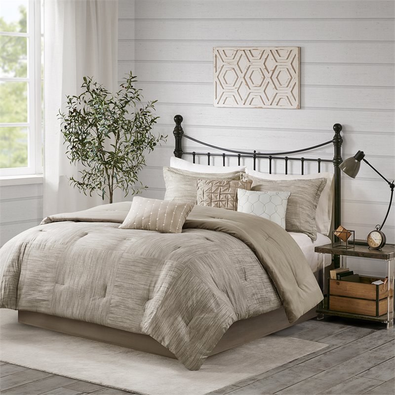 Madison Park Walter 7-Piece Polyester Printed Seersucker Comforter Set in Beige