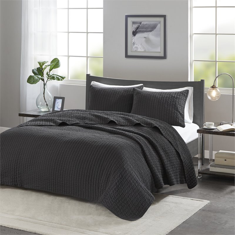 Madison Park Keaton Polyester Microfiber Solid Brushed Coverlet Set in Black