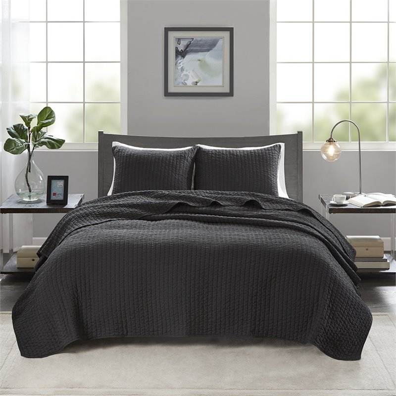 Madison Park Keaton Polyester Microfiber Solid Brushed Coverlet Set in Black