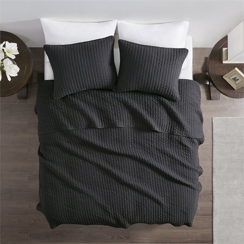 Madison Park Keaton Polyester Microfiber Solid Brushed Coverlet Set in Black