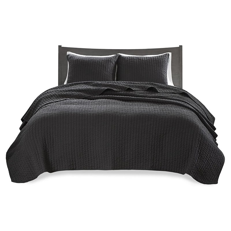 Madison Park Keaton Polyester Microfiber Solid Brushed Coverlet Set in Black
