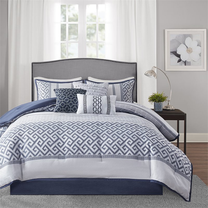 madison park bennett 7-piece polyester jacquard comforter set in navy