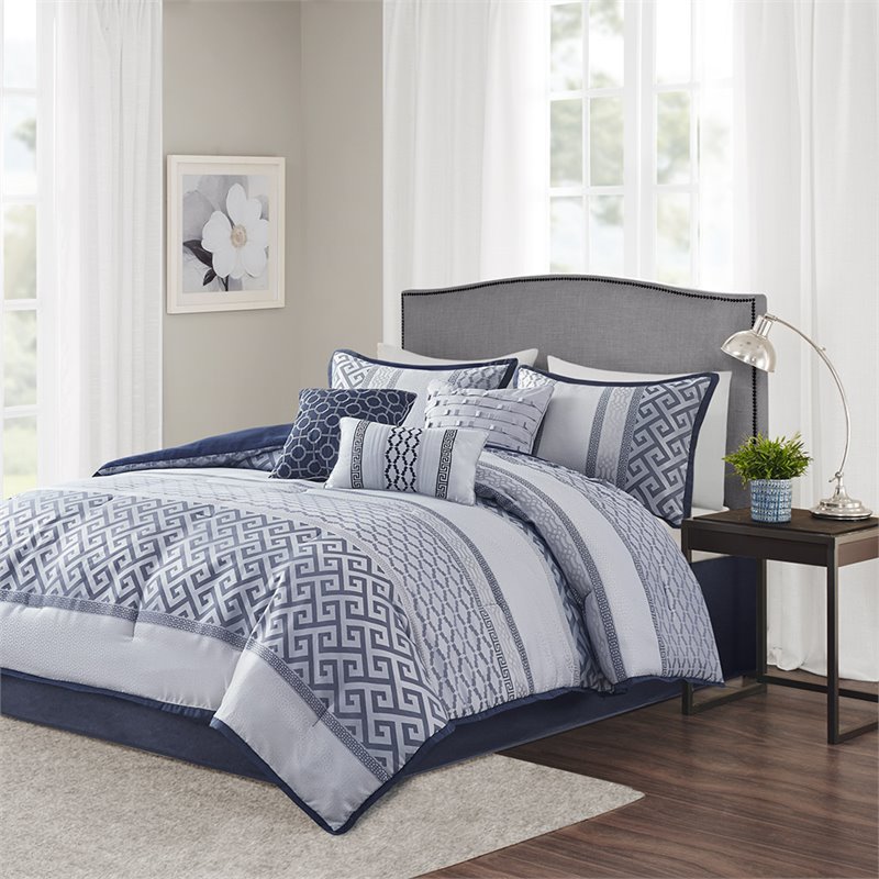 madison park bennett 7-piece polyester jacquard comforter set in navy
