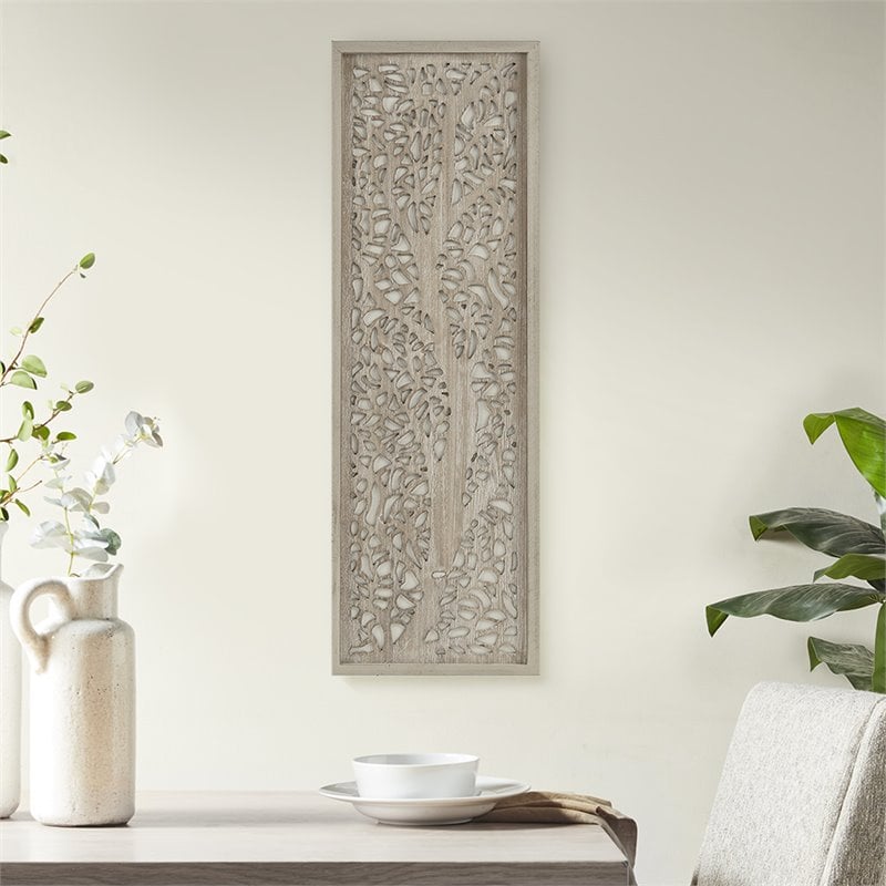 Madison Park Laurel Branches Carved Wood Panel Wall Decor in Natural