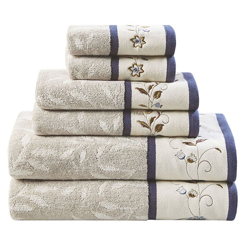 Madison Park Serene 6-Piece Cotton Embroidered Jacquard Towel Set in Navy