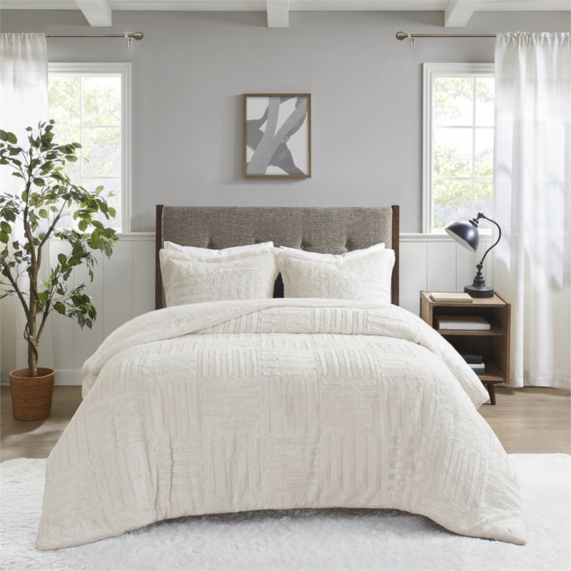 Madison Park Polyester Checkboard Brushed Long Fur Comforter Mini Set in Ivory