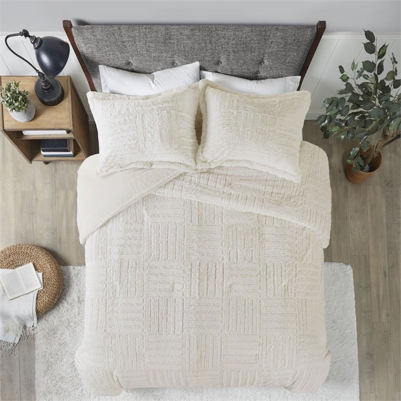Madison Park Polyester Checkboard Brushed Long Fur Comforter Mini Set in Ivory