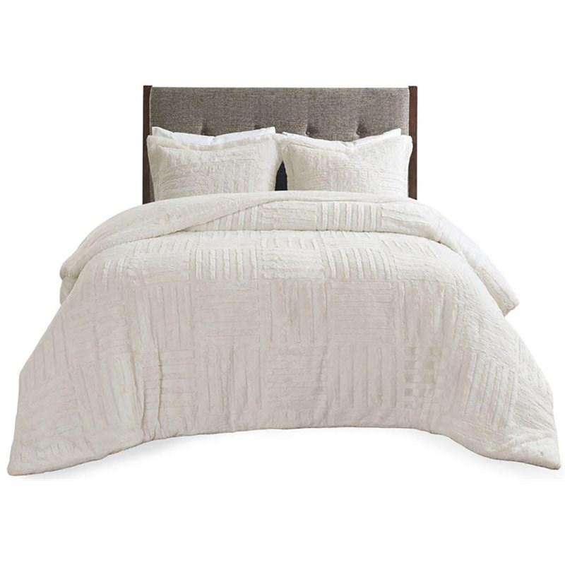 Madison Park Polyester Checkboard Brushed Long Fur Comforter Mini Set in Ivory