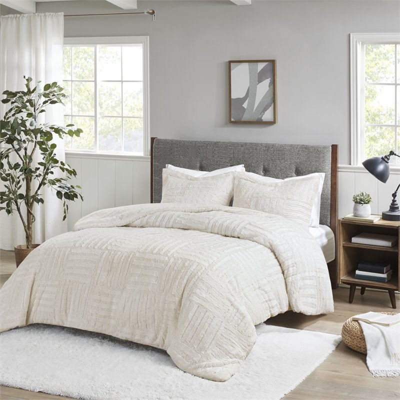 Madison Park Polyester Checkboard Brushed Long Fur Comforter Mini Set in Ivory