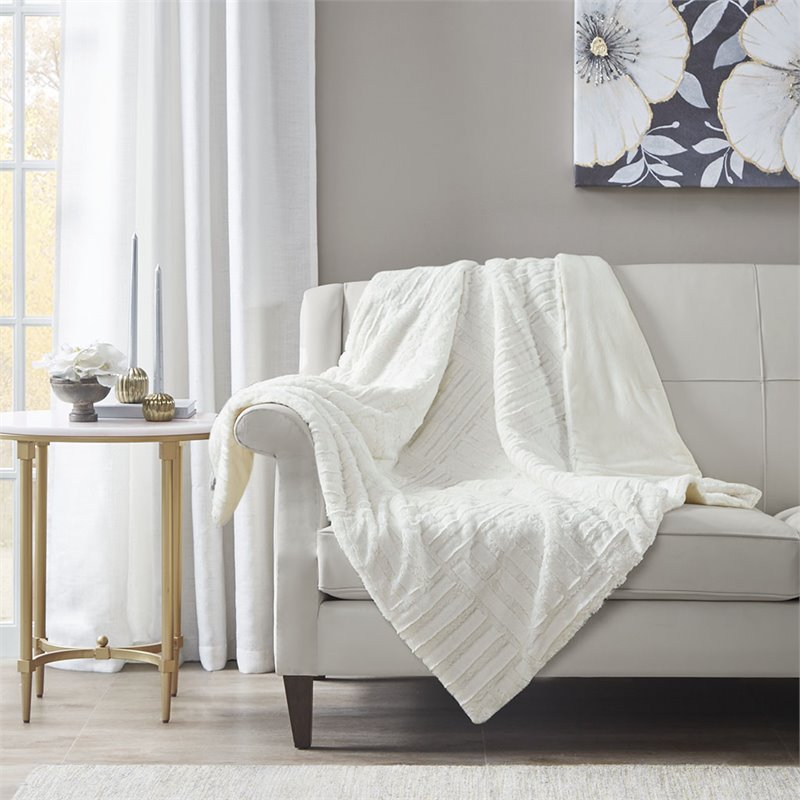 Madison Park 100 Percent Polyester Solid Long Faux Fur Throw in Ivory