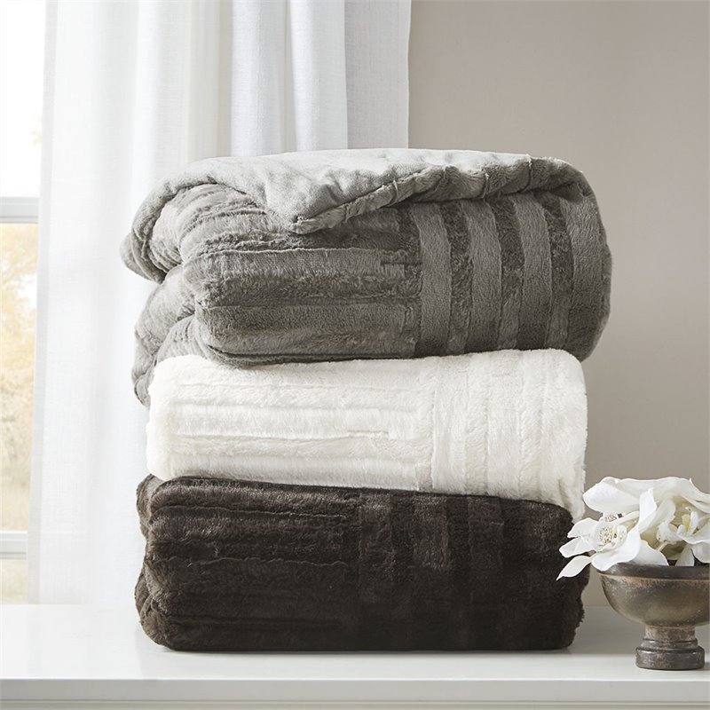 Madison Park 100 Percent Polyester Solid Long Faux Fur Throw in Ivory