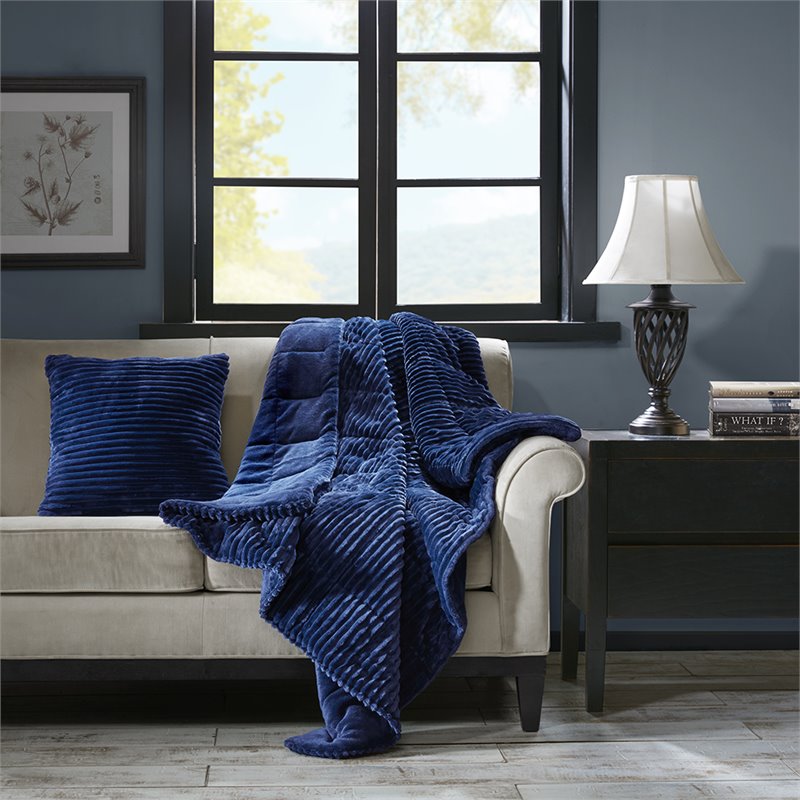 Premier Comfort Polyester Microcord Solid Pieced Corduroy Plush Throw in Navy