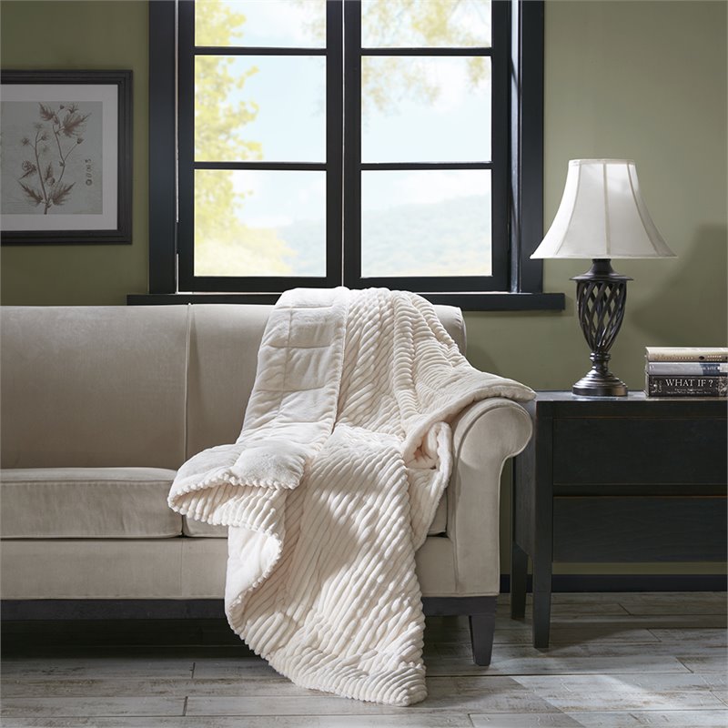 Premier Comfort Polyester Microcord Solid Pieced Corduroy Plush Throw in Ivory