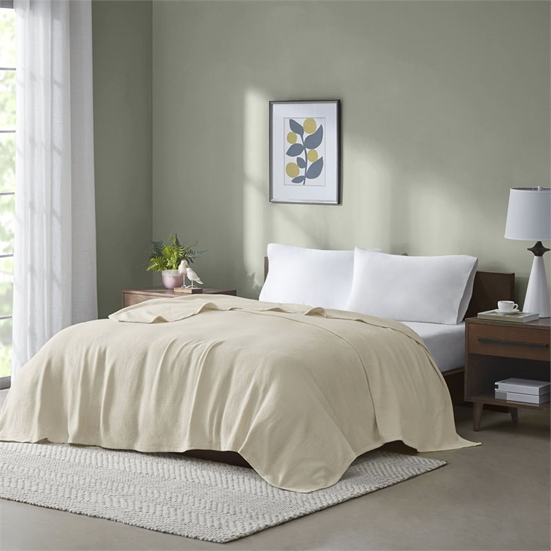 Madison Park Cotton Freshspun Basketweave Blanket with 1