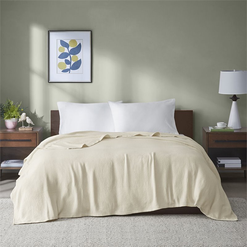 Madison Park Cotton Freshspun Basketweave Blanket with 1