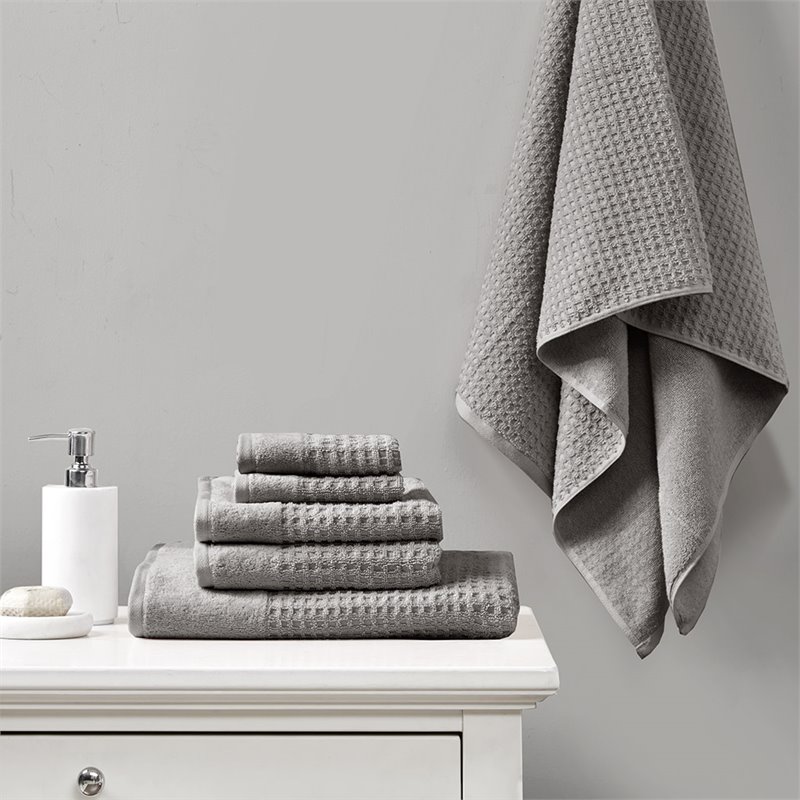 Madison Park Spa 6-Piece 100 Percent Cotton Waffle Towel Set in Charcoal