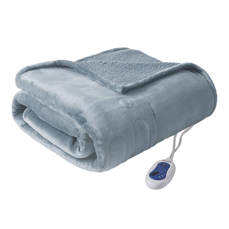 Beautyrest Polyester Microlight and Berber Solid Heated Throw in Blue