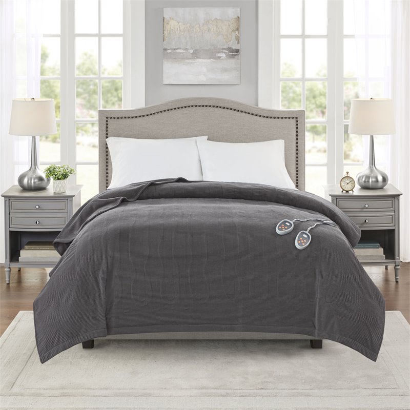 Beautyrest Polyester Knitted Micro Fleece Solid Textured Heated Blanket in Gray