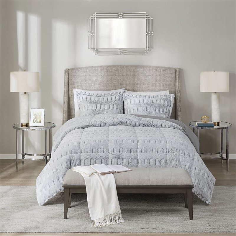 Madison Park 100 Percent Polyester Printed Long Fur Comforter Set in Gray