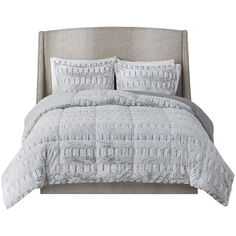 Madison Park 100 Percent Polyester Printed Long Fur Comforter Set in Gray