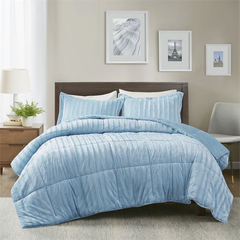 madison park 100 percent polyester faux fur comforter mini set in aqua blue