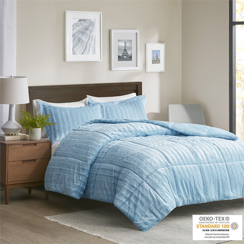 madison park 100 percent polyester faux fur comforter mini set in aqua blue