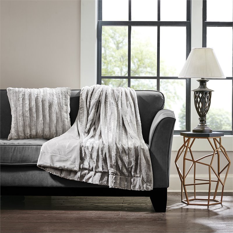 Madison Park Polyester Solid Stripe Brushed Long Fur Knitted Throw in Gray