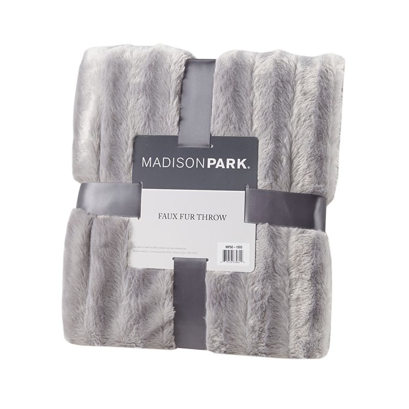 Madison Park Polyester Solid Stripe Brushed Long Fur Knitted Throw in Gray