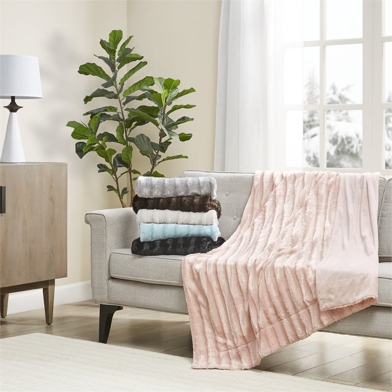 Madison Park Polyester Solid Stripe Brushed Long Fur Knitted Throw in Gray