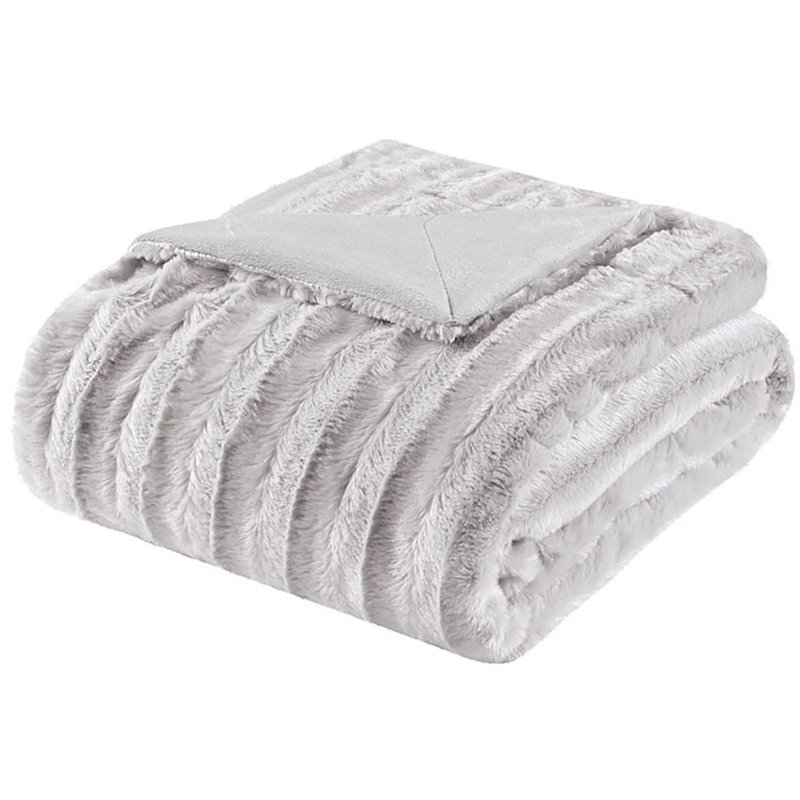 Madison Park Polyester Solid Stripe Brushed Long Fur Knitted Throw in Gray