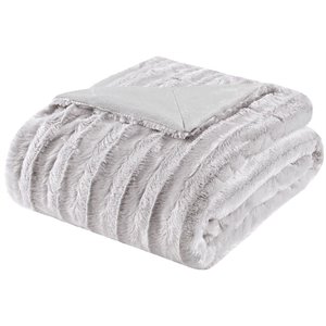 Madison Park Polyester Solid Stripe Brushed Long Fur Knitted Throw in Gray