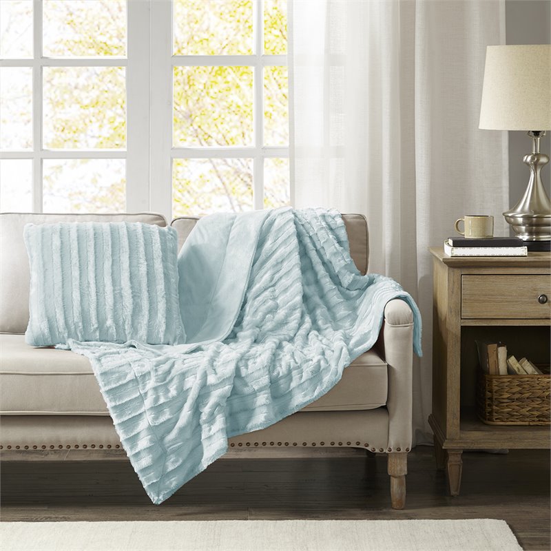 Madison Park Polyester Solid Stripe Plaited Brushed Long Fur Throw in Blue