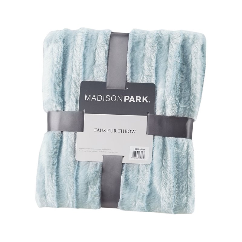 Madison Park Polyester Solid Stripe Plaited Brushed Long Fur Throw in Blue