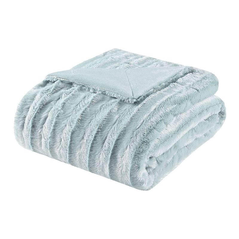 Madison Park Polyester Solid Stripe Plaited Brushed Long Fur Throw in Blue