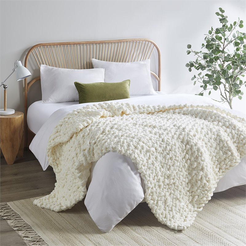Madison Park 100 Percent Polyester Solid Chenille Chunky Knit Throw in Ivory