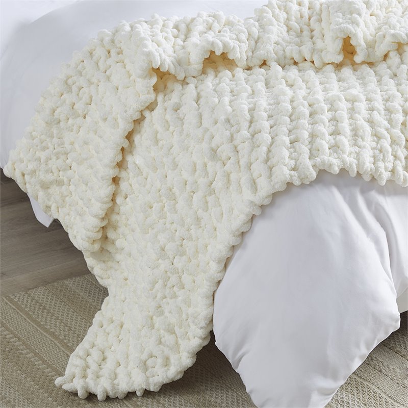 Madison Park 100 Percent Polyester Solid Chenille Chunky Knit Throw in Ivory
