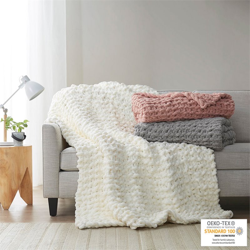 Madison Park 100 Percent Polyester Solid Chenille Chunky Knit Throw in Ivory