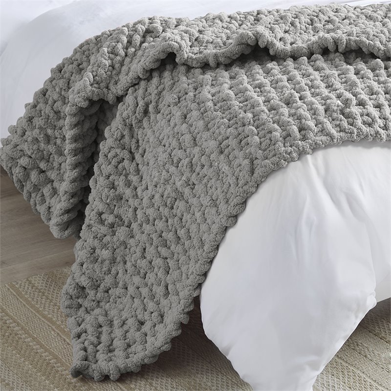 Madison Park 100 Percent Polyester Solid Chenille Chunky Knit Throw in Gray
