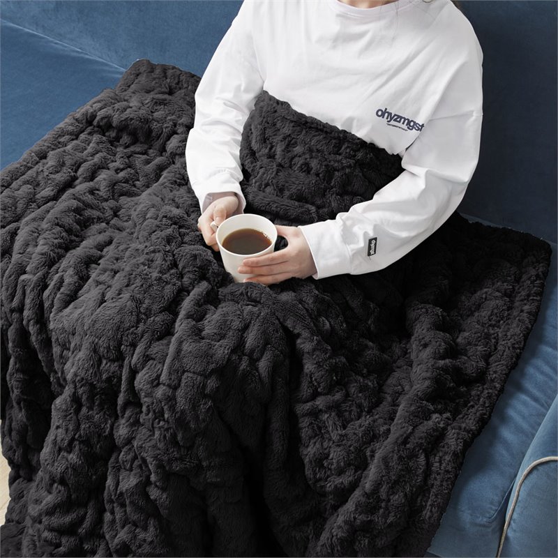 Madison Park 100 Percent Polyester Solid Long Fur Throw in Black