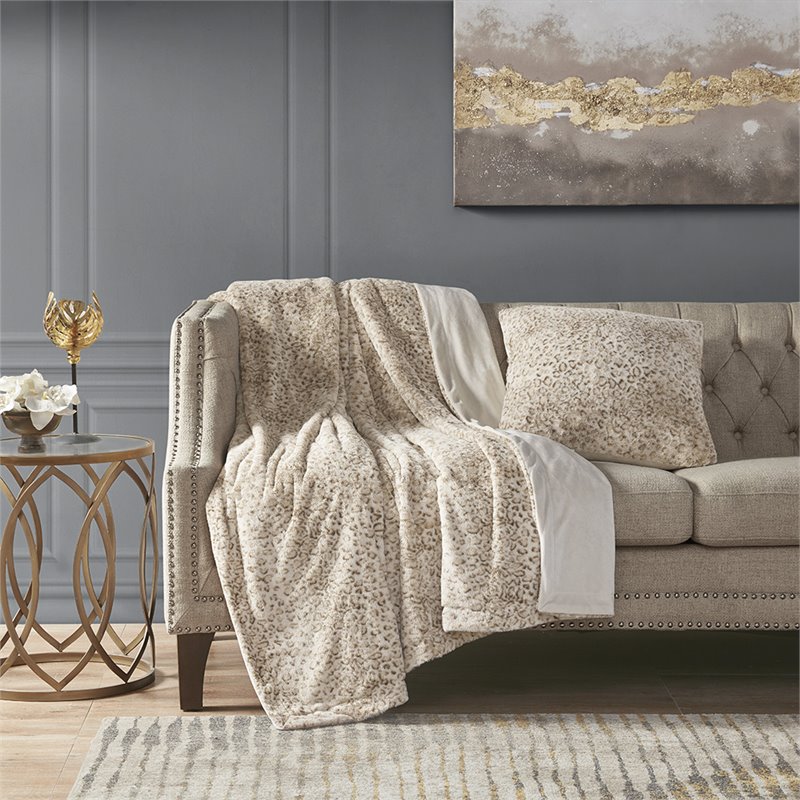 Madison Park Polyester Long Fur Pillow with Knife Edge in Leopard Tan
