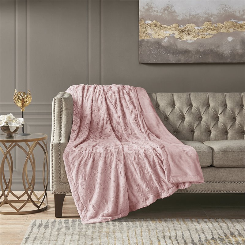 Madison Park 100 Percent Polyester Solid Brushed Long Fur Throw in Blush Pink