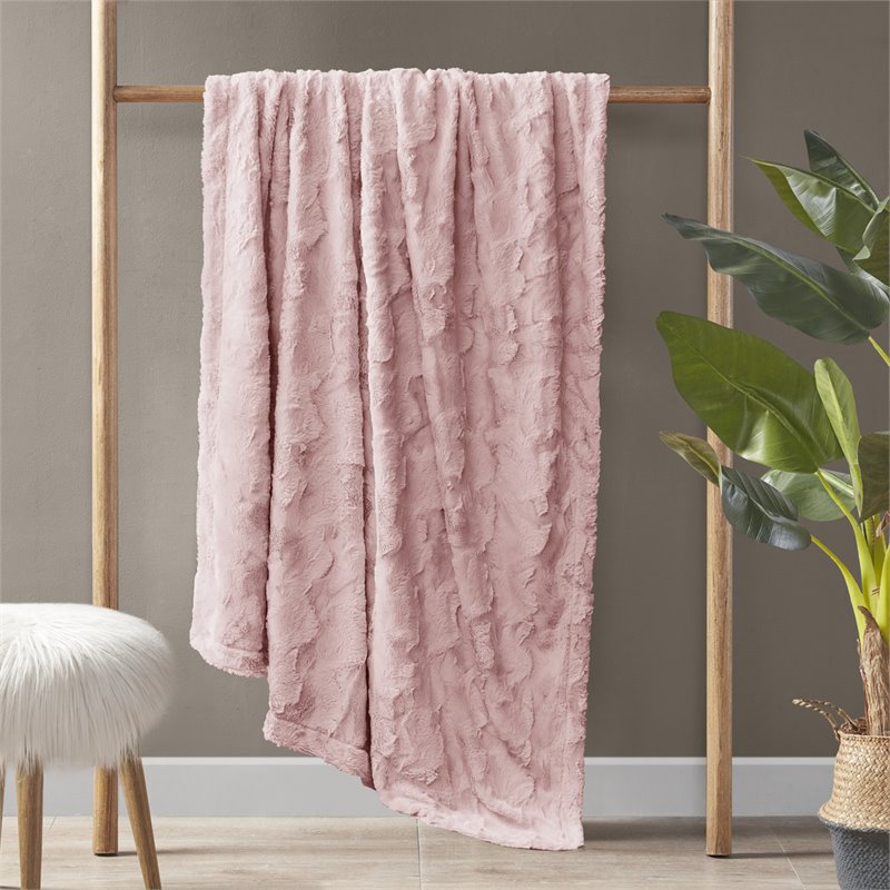 Madison Park 100 Percent Polyester Solid Brushed Long Fur Throw in Blush Pink