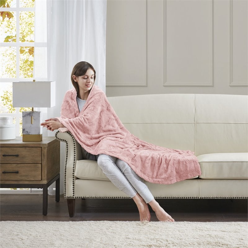 Madison Park 100 Percent Polyester Solid Brushed Long Fur Throw in Blush Pink