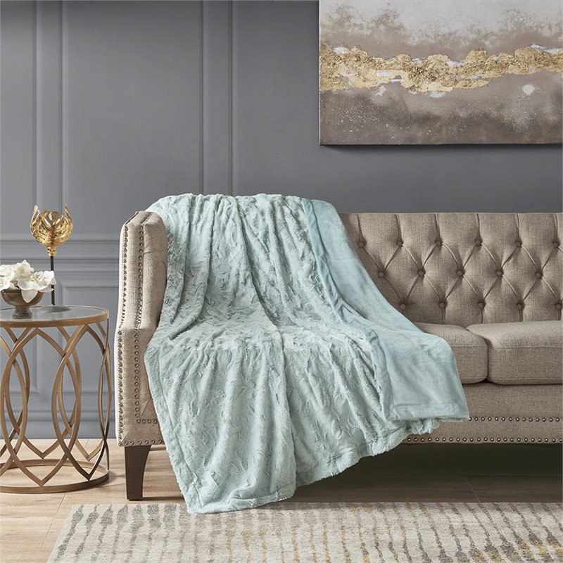 Madison Park 100 Percent Polyester Solid Brushed Long Fur Throw in Aqua Blue