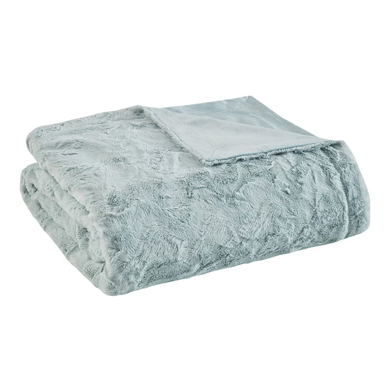 Madison Park 100 Percent Polyester Solid Brushed Long Fur Throw in Aqua Blue