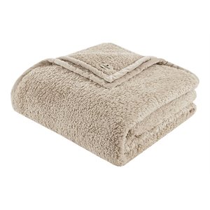 Woolrich Polyester Solid Berber Brushed Blanket w/ Crystal Velvet Binding in Tan